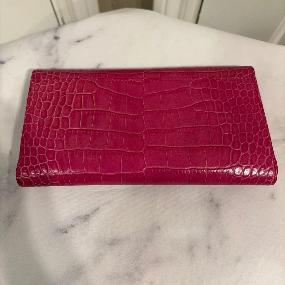 Lauren Ralph Lauren Womens Croc Embossed Leather Wallet Pink OS Turn Lock